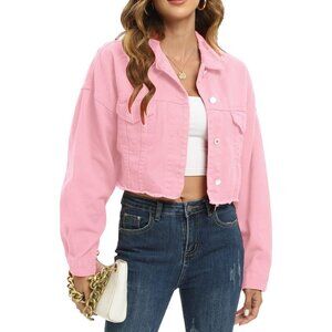Women's Cropped Denim Jacket Cotton Ripped Distressed Casual Chic